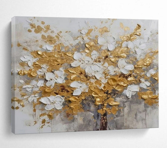 Gold & White Flower Tree - Elegant Living Room or Bedroom Art DLZ246