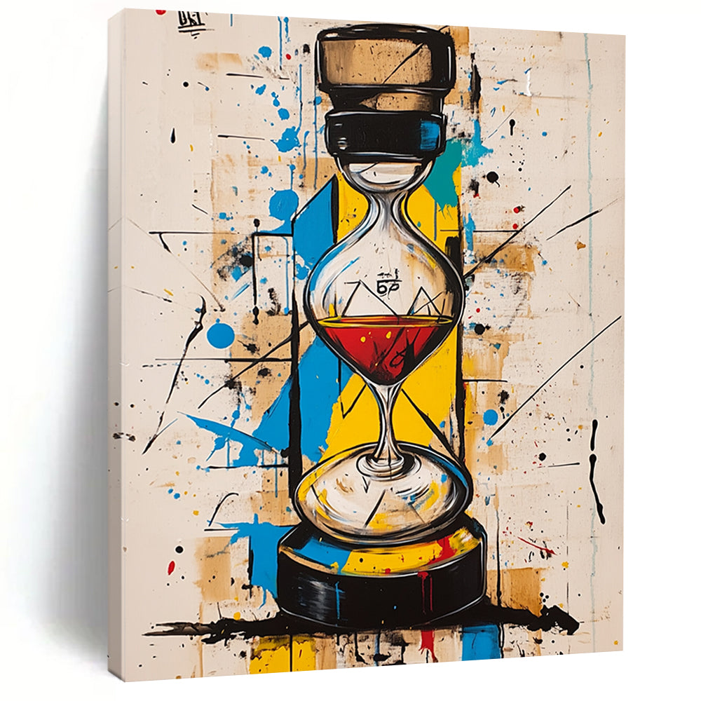 Contemporary abstract art with vibrant colors geometric shapes features an hourglass and a whisky bottle harmoniously integrated in the striking composition. DLZ1090