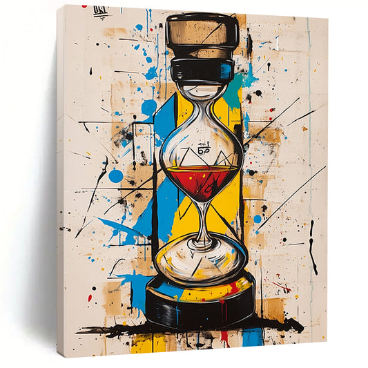 Contemporary abstract art with vibrant colors geometric shapes features an hourglass and a whisky bottle harmoniously integrated in the striking composition. DLZ1090