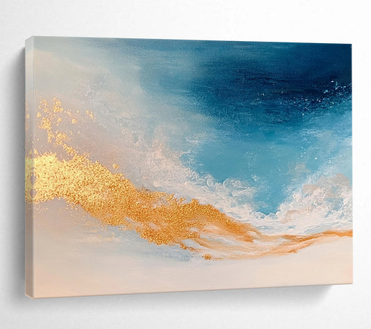 “Blue and Gold Ocean Waves” - Blue, Gold, White, Abstract Ocean Waves Painting On Canvas HB0971