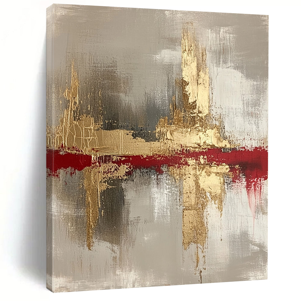 Contemporary hand-painted abstract art featuring gold, white, blue, black, and gray tones on a soft white background, perfect for modern decor. DLZ0437