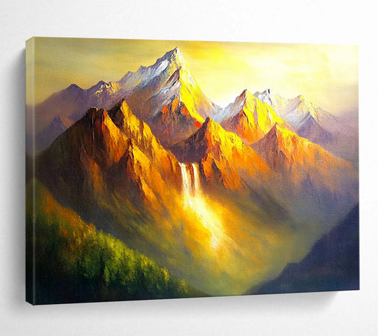 “Golden Mountain Waterfall” - Oranges, Yellows, Greens, Mountain with Waterfall in Golden Light - Dramatic Oil Painting HB1712