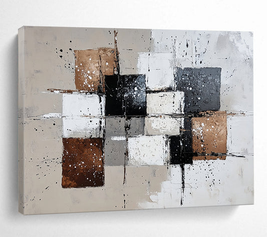 “Black White Brown Abstract Squares” - Black, White, Brown, Splattered Forms - Painting On Canvas HB1421