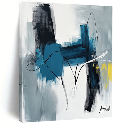 Contemporary abstract art showcasing "Andual" with bold strokes in blue and white on neutral canvas featuring black lines and hints of yellow or gray. DLZ0866