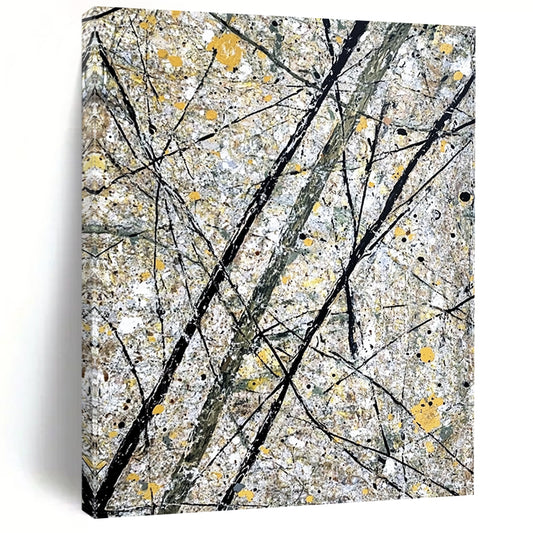 Large contemporary hand-painted abstract artwork features gray and yellow splashes alongside intricate black lines representing tree branches. DLZ1587