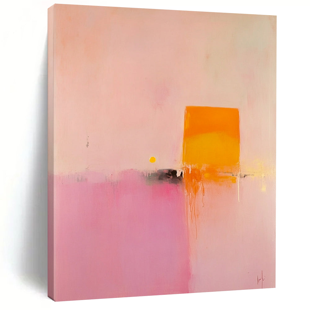 Contemporary hand-painted abstract art featuring soft pink and orange hues with a central yellow geometric shape creating a serene minimalist landscape. DLZ1474