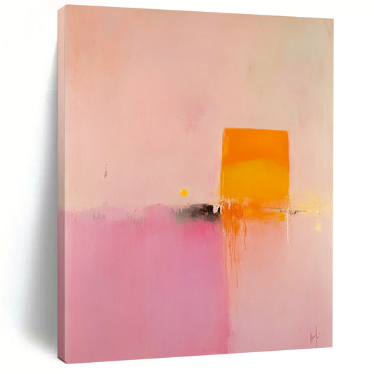 Contemporary hand-painted abstract art featuring soft pink and orange hues with a central yellow geometric shape creating a serene minimalist landscape. DLZ1474