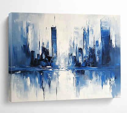 “Blue - White Cityscape Reflection” - Blue, White, Abstract Cityscape with Water Mirroring HB1117