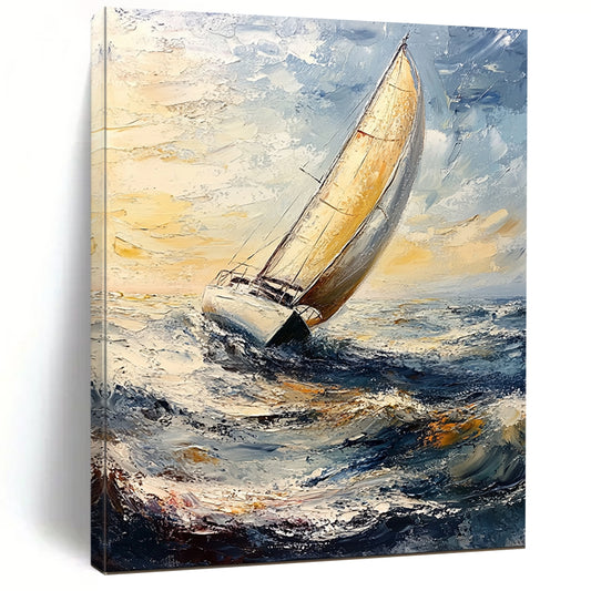 Contemporary impasto artwork depicting graceful sailboats under clear skies, featuring thick brush strokes and canvas texture, ideal for enhancing any space. DLZ1269