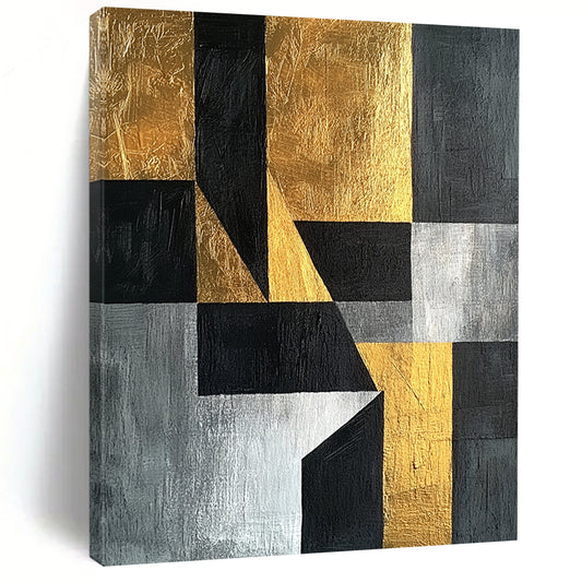 Black, Gray, Silver and Gold Geometric Abstraction "Elegant Geometry" Painting On Canvas HB372