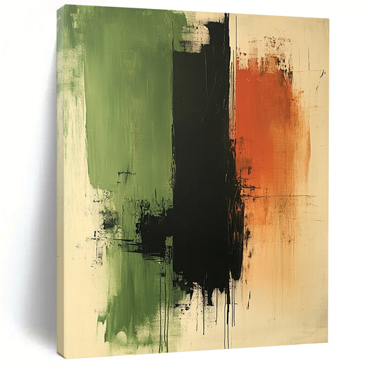 Contemporary abstract artwork featuring calming green black and brown tones oil on paper with canvas texture ideal for meditative spaces DLZ1328