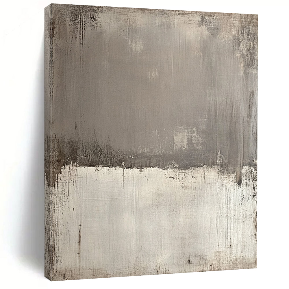 Contemporary hand-painted abstract canvas featuring textured gray tones with sepia edges and a bold white section for striking contrast and depth. DLZ1172