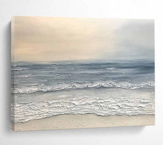 “Textured Seaside Calm” - Soft gray sea, beige sky, Textural Landscape Painting On Canvas HB0578