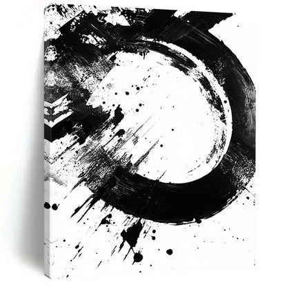 Black Circular Brushstroke with Splatter - “Dynamic Enso Splash” Painting On Canvas HB242
