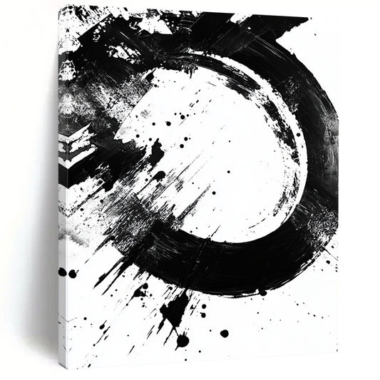 Black Circular Brushstroke with Splatter - “Dynamic Enso Splash” Painting On Canvas HB242