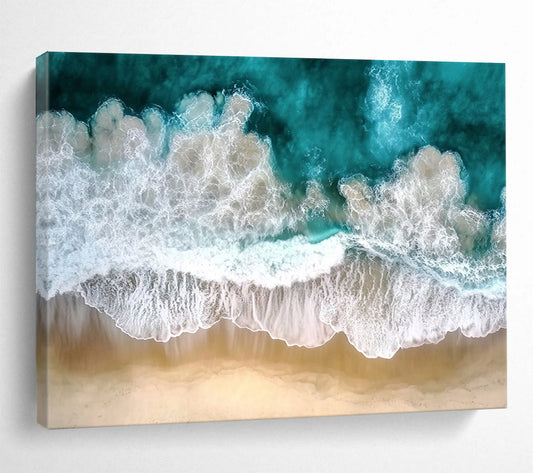 “Aerial Ocean Waves” - Turquoise, Whites, Browns, Aerial View of Ocean Waves on Beach - Photography Art HB1761