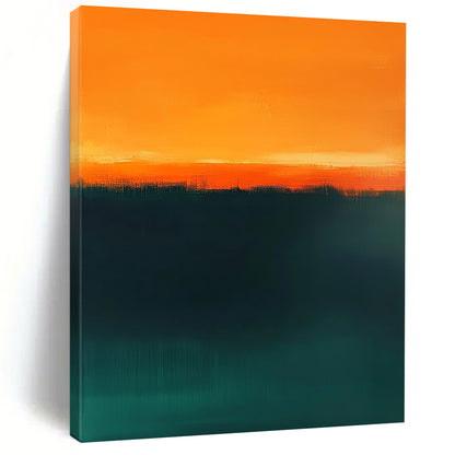 Contemporary hand-painted abstract art featuring dark green and orange tones with a tranquil teal gradient and warm amber horizon line for serene beauty. DLZ1384