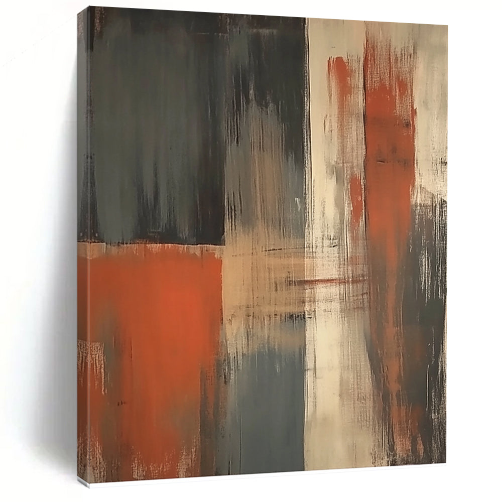 Contemporary hand-painted abstract art featuring a striking orange grey and beige vertical brushstroke on a dark gray background. DLZ1018