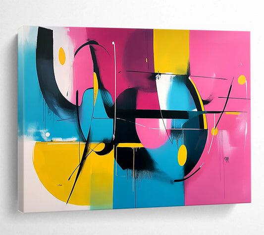 “Vibrant Abstract Composition” - Pink, yellow, blue, black; Abstract composition with dynamic lines; Acrylic Painting On Canvas HB1273