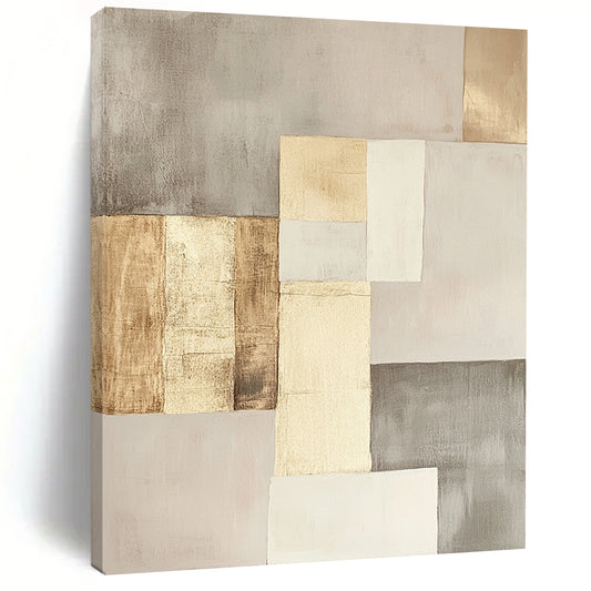 Beige, Gray & Gold Geometric Squares - “Elegant Neutral Grid” Painting On Canvas HB206