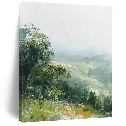 Contemporary abstract painting featuring tranquil green hills and soft mist in muted tones inspired by Richard Schmid artistry. DLZ0485