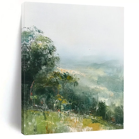 Contemporary abstract painting featuring tranquil green hills and soft mist in muted tones inspired by Richard Schmid artistry. DLZ0485