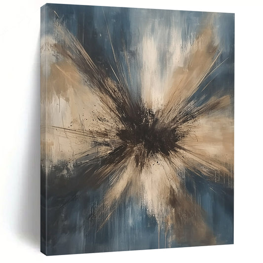 Contemporary hand-painted abstract art featuring an explosion of dark gray beige and white tones against a light blue background with organic strokes. DLZ1187