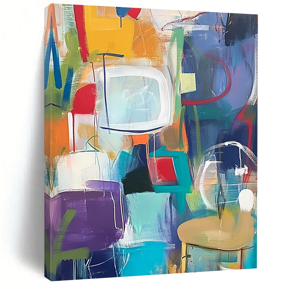 Contemporary abstract artwork features vibrant shapes and playful forms with lively backgrounds of everyday objects for a fun decor enhancement. DLZ0944