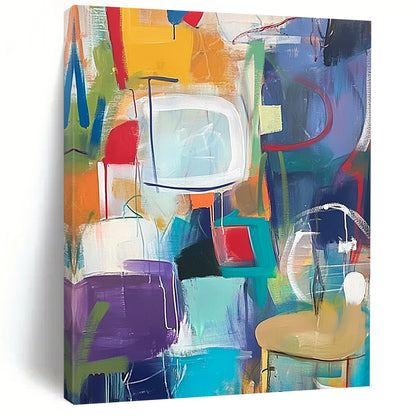 Contemporary abstract artwork features vibrant shapes and playful forms with lively backgrounds of everyday objects for a fun decor enhancement. DLZ0944