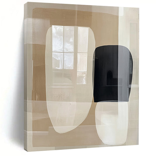 Contemporary abstract painting featuring large beige and white shapes with negative space and a central black form reflecting windows on a glass surface. DLZ1631