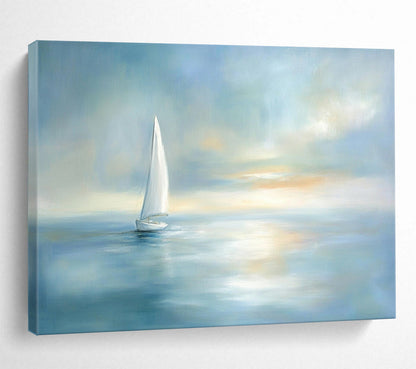 “Sailboat At Dusk” - Light Blue, White, Dreamy Sailboat Painting On Canvas HB0702