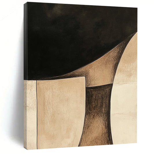 Contemporary hand-painted abstract art features minimalist Japandi style with beige and brown shapes on a black background and soft watercolor washes. DLZ1611