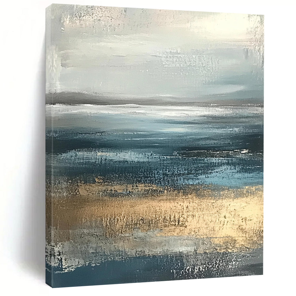 Contemporary hand-painted abstract artwork featuring soft edges in neutral colors with calming blue and gray tones of the sea and sky. DLZ0789