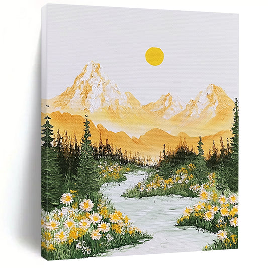 Contemporary abstract art features vibrant yellow and green Alps mountains, flowing river, radiant sun, and delicate flowers, evoking tranquility and beauty. DLZ1418