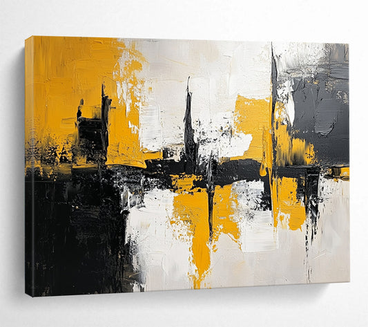 “Yellow - Black Urban Abstract Reflection” - Yellow, Black, Gray, White, Reflective Cityscape Painting On Canvas HB0813