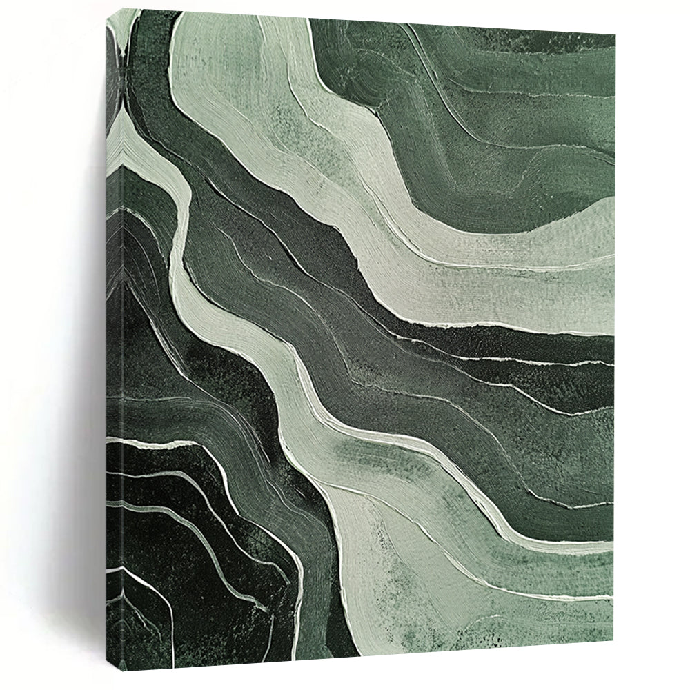 Contemporary hand-painted abstract artwork featuring ethereal green and white wavy lines on a black background with textured effects and muted colors. DLZ1686
