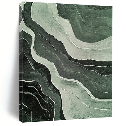 Contemporary hand-painted abstract artwork featuring ethereal green and white wavy lines on a black background with textured effects and muted colors. DLZ1686