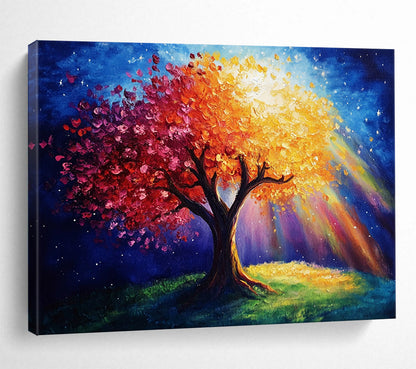 “Magical Tree with Colorful Blossoms and Light” - Blue, Red, Orange, Yellow, Magical Tree Scene - Fantasy Acrylic Painting HB1639