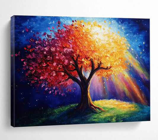 “Magical Tree with Colorful Blossoms and Light” - Blue, Red, Orange, Yellow, Magical Tree Scene - Fantasy Acrylic Painting HB1639