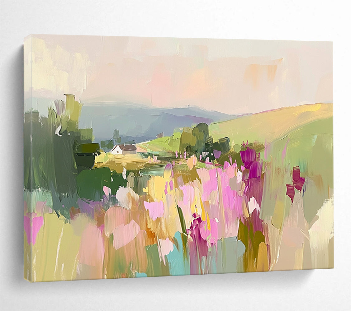 “Pastel Landscape with Flowers” - Pastel Palette, Floral Countryside Painting On Canvas HB0892