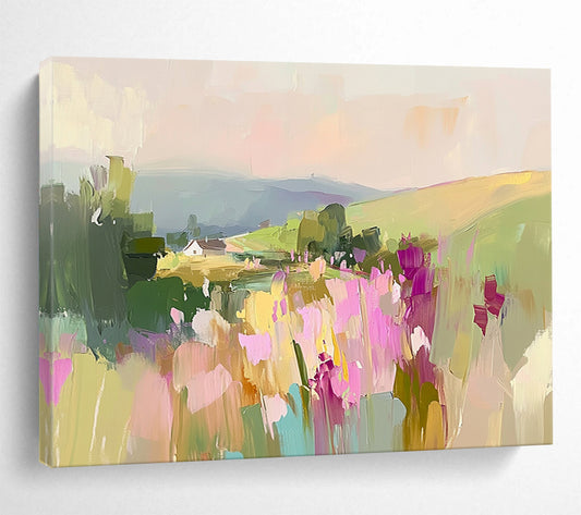 “Pastel Landscape with Flowers” - Pastel Palette, Floral Countryside Painting On Canvas HB0892