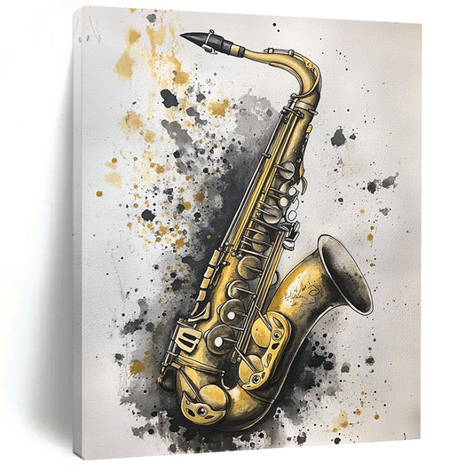 Contemporary hand-painted abstract artwork featuring an old saxophone in gold and silver hues against a soft gray background, creating striking contrast and depth. DLZ1507