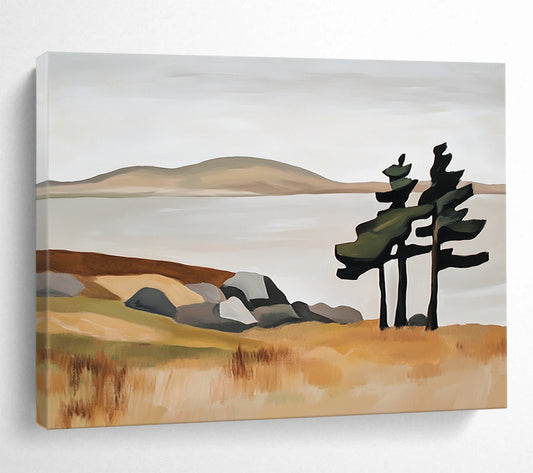 “Minimalist Landscape with Trees” - Beige, Green, Gray, Simplified Nature Scene - Acrylic Painting HB1647