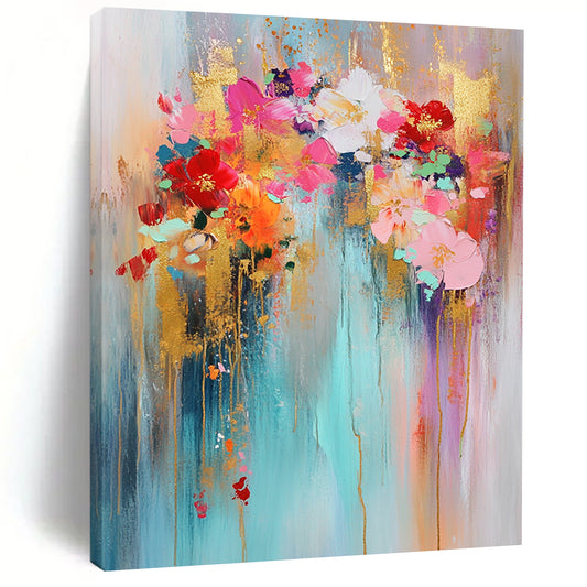 Contemporary abstract art featuring gold leaf bright colors light blue background pink and red flowers golden glitter delicate strokes and dreamy atmosphere. DLZ0742