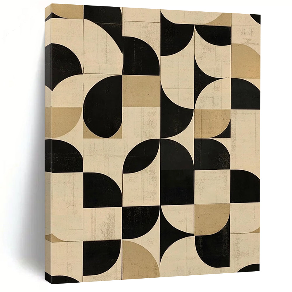 Contemporary abstract art featuring geometric patterns in neutral tones with black and white circular shapes perfect for modern interiors. DLZ1574