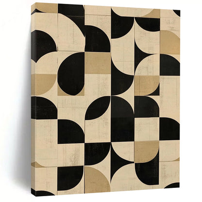 Contemporary abstract art featuring geometric patterns in neutral tones with black and white circular shapes perfect for modern interiors. DLZ1574
