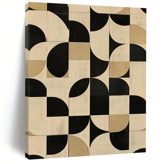 Contemporary abstract art featuring geometric patterns in neutral tones with black and white circular shapes perfect for modern interiors. DLZ1574