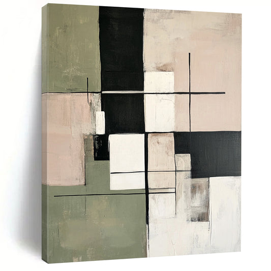 Large contemporary hand-painted abstract artwork featuring soft sage green beige and white tones with geometric shapes and a minimalist black grid pattern. DLZ1060