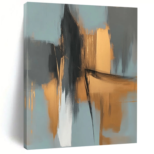 Large contemporary abstract painting features elegant gold and gray shapes against a light blue background evoking an urban landscape with serene organic forms. DLZ0706