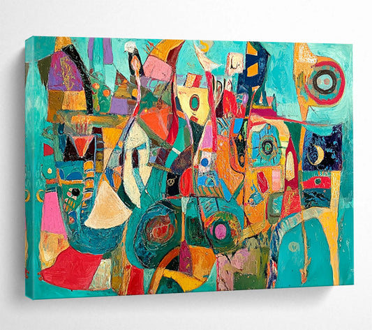Vibrant Teal and Colorful Abstract Shapes - “Teal Carnival” Painting On Canvas HB1458